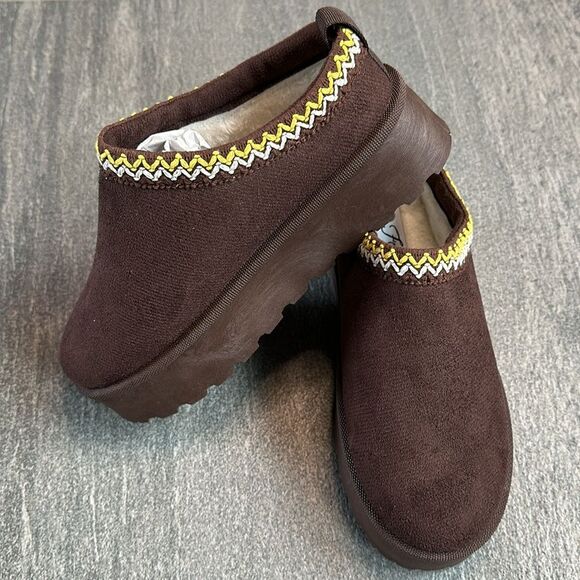 NEW Platform Slip On Clog Slippers Sherpa Faux Fur Lining Chocolate Brown Size 7 - Picture 10 of 13